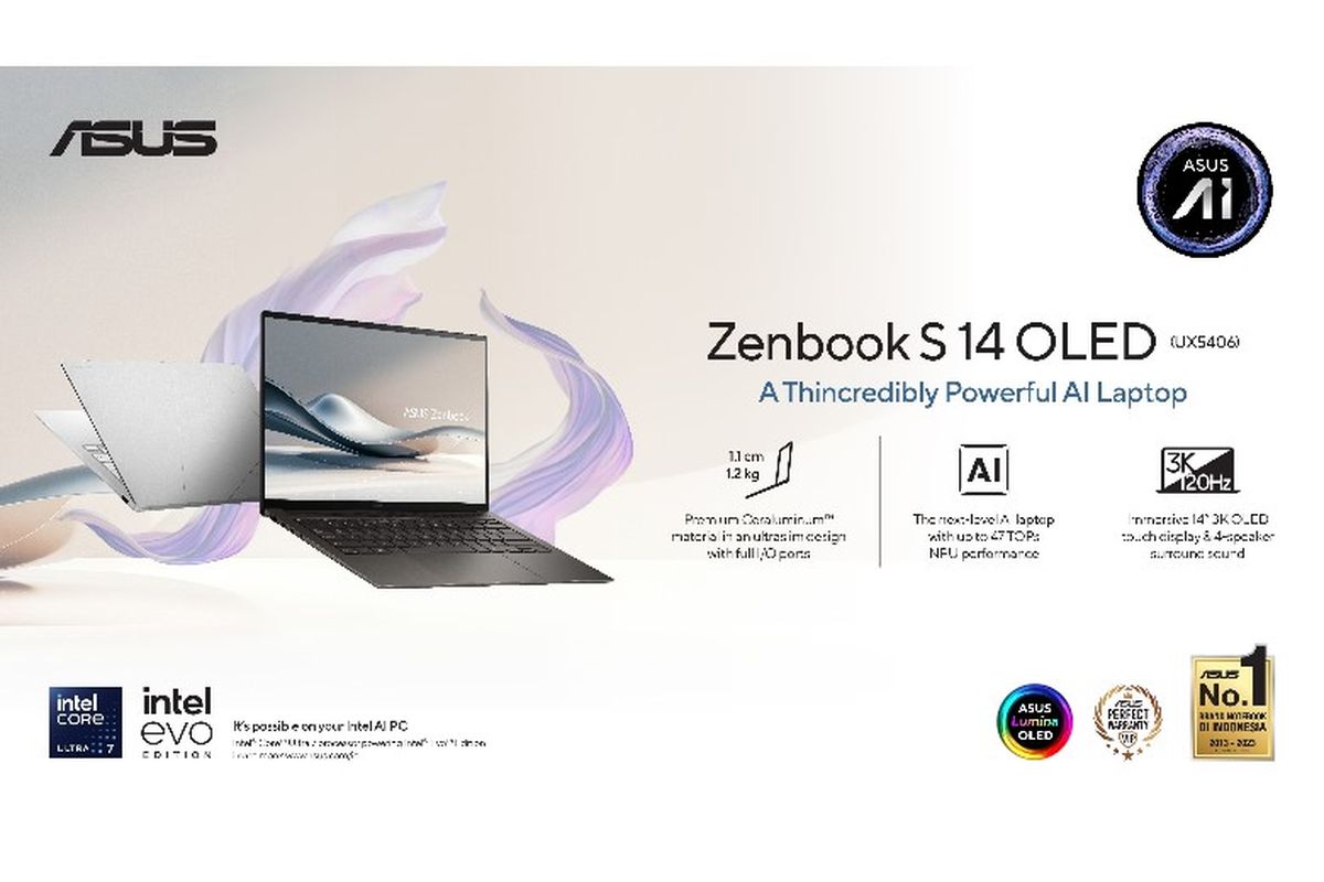 ASUS Zenbook S14 OLED: Laptop AI tipis dan powerful dengan layar 3K OLED 120Hz, performa NPU hingga 47 TOPs, dan desain premium hanya setebal 1,1 cm. 