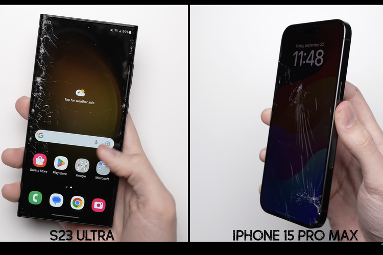 Uji jatuh ketiga adalah menguji ketahanan layar Samsung Galaxy S23 Ultra (kiri) dan iPhone 15 Pro Max (kanan)
