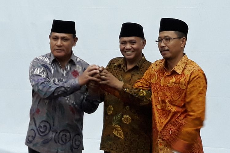 Deputi Penindakan Brigjen (Pol) Firli, Ketua KPK Agus Rahardjo dan Direktur Penuntutan Supardi di Gedung KPK Jakarta, Jumat (6/4/2018).