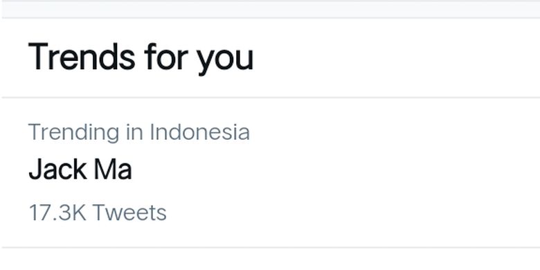 A screenshot of Jack Ma's top Twitter trend in Indonesia on Monday (1/4/2021).