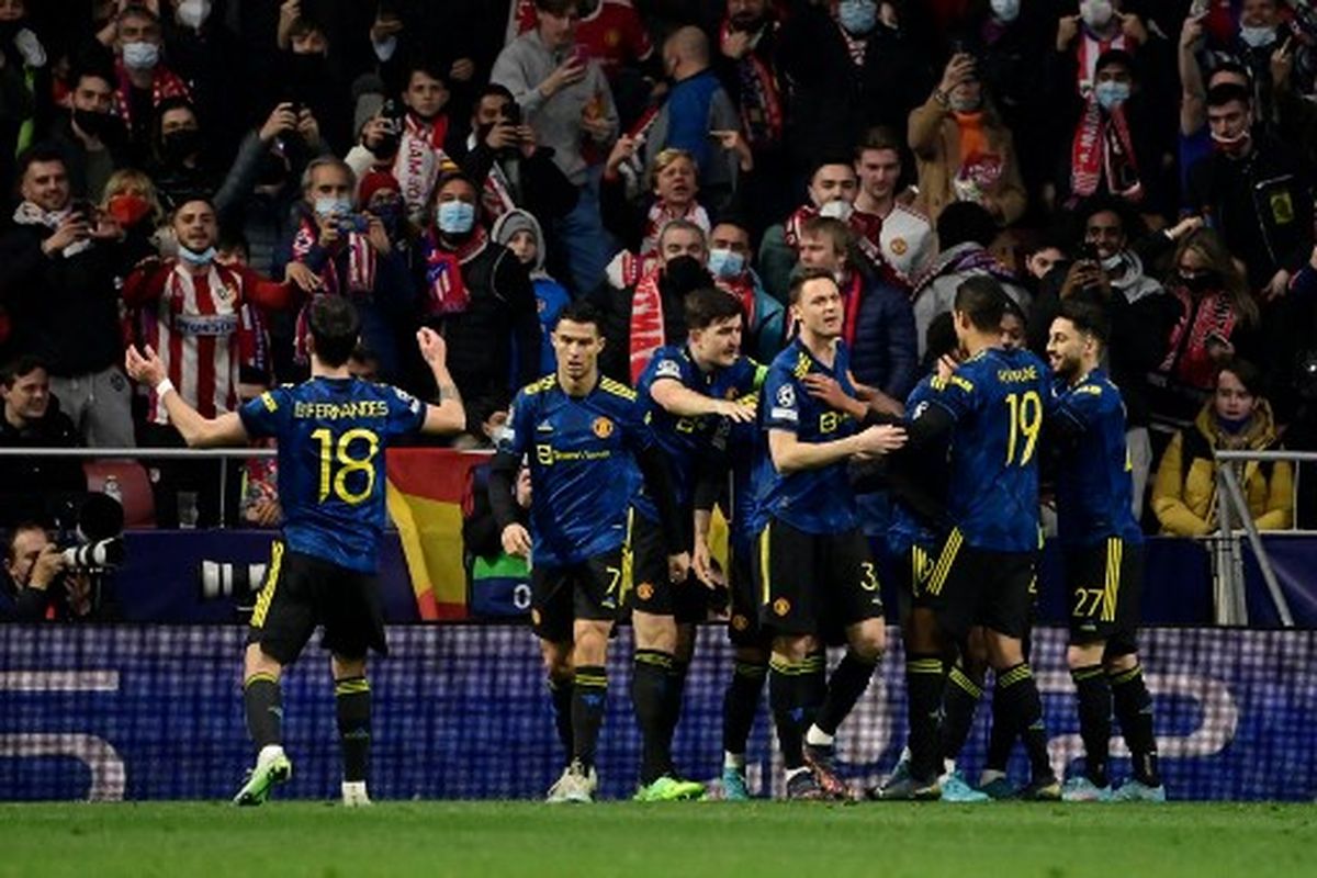 Suasana perayaan gol Anthony Elanga pada laga leg pertama 16 besar Liga Champions yang mempertemukan Atletico Madrid vs Man United di Stadion Wanda Metropolitano, Kamis (24/2/2022) dini hari WIB. Hasil Atletico Madrid vs Man United imbang 1-1.