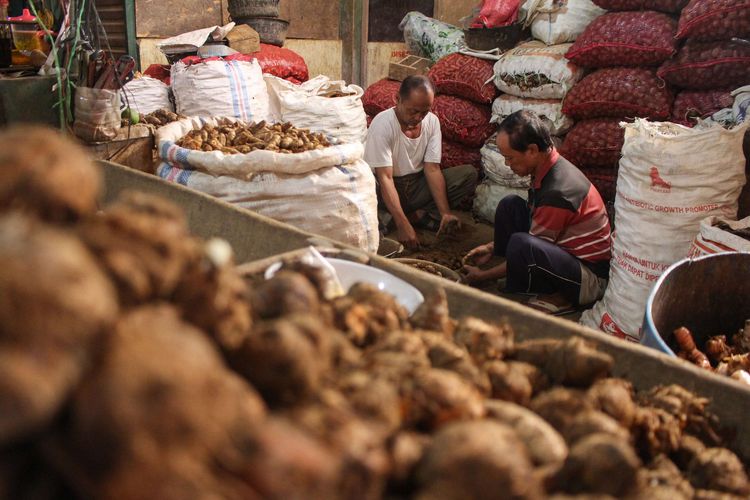 Pedagang rempah-rempah membersihkan kunyit (Ilustrasi)