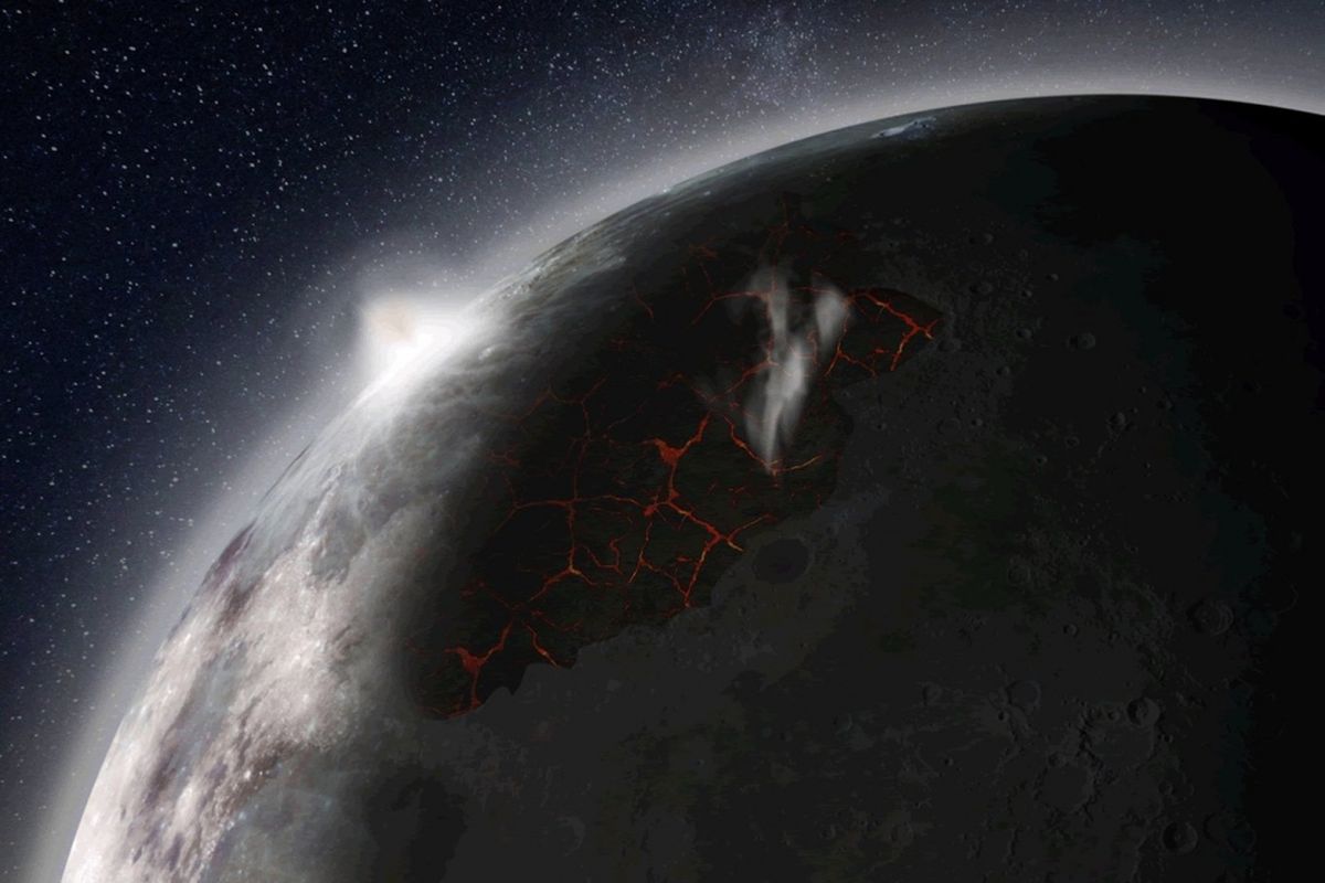 Ilustrasi letusan gunung api di bulan yang menghasilkan atmosfer sementara.