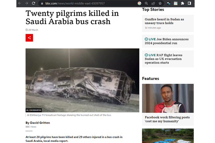 Tangkapan layar pemberitaan BBC, 28 Maret 2023, soal kecelakaan bus jemaah haji di Arab Saudi.