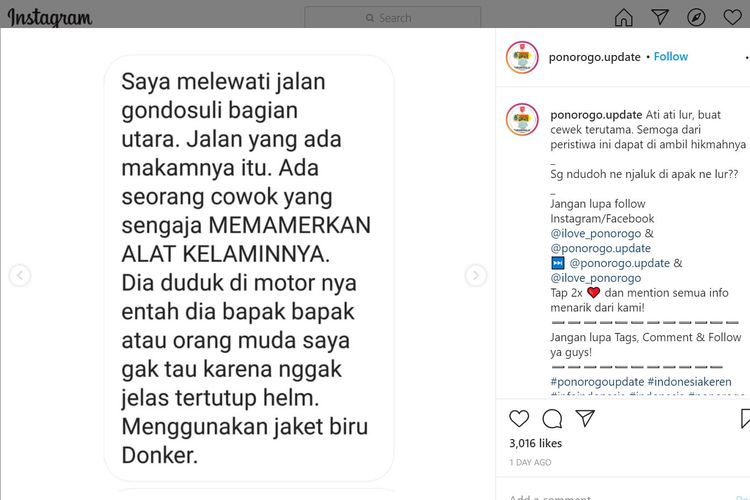 Unggahan mengenai seorang cewek yang curhat karena menjadi korban pelecehan dengan modus dipameri alat kelamin pria viral di media sosial