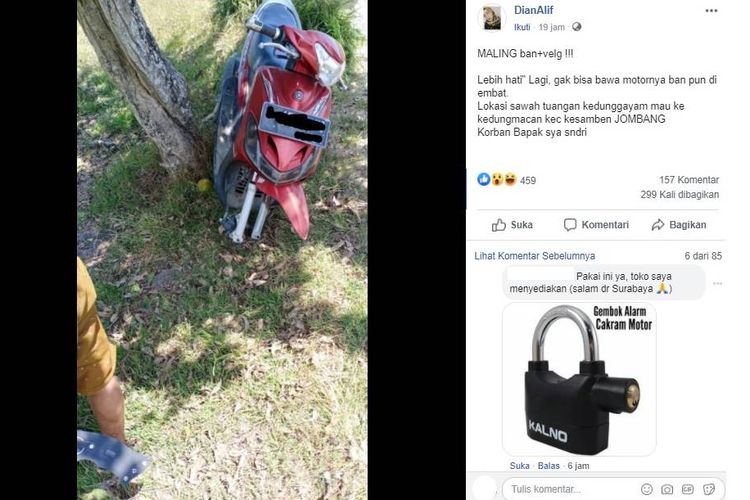Sebuah unggahan yang bernarasikan velg dan ban depan sebuah sepeda motor raib digasak pencuri, viral di media sosial.