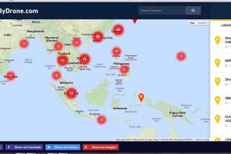 Halaman situs Travel By Drone yang menampilkan informasi video berbagai tempat di dunia yang direkam dengan drone.