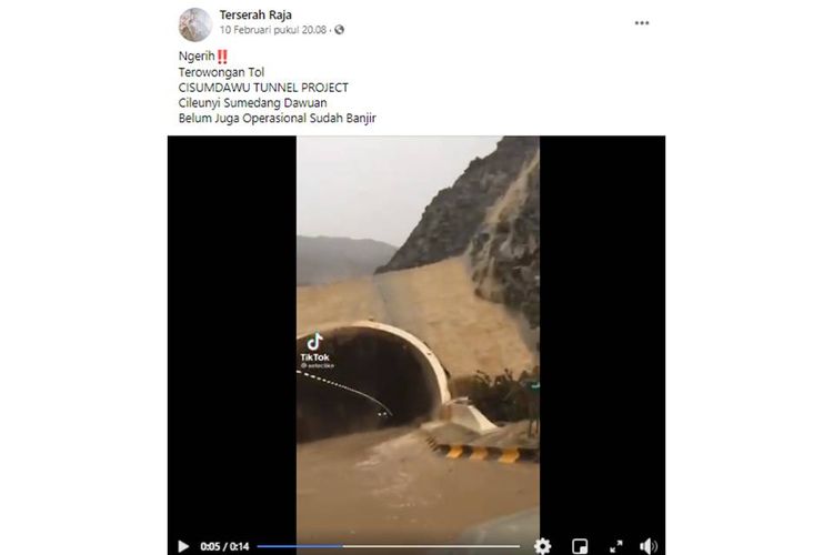 Tangkapan layar unggahan hoaks yang menyebut terjadi banjir di terowongan Tol Cisumdawu.