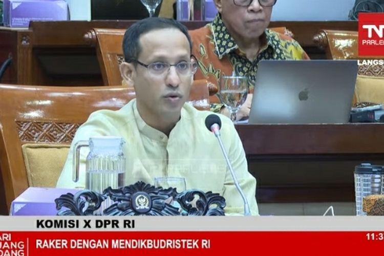 Mendikbud Ristek Nadiem Anwar Makarim saat rapat dengan Komisi X DPR, Rabu (5/6/2024).