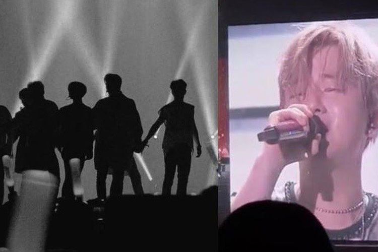 Member iKON Kim Jinhwan atau Jay terlihat menangis saat menyanyikan Wait For Me di Fukuoka, Jepang. Konser itu merupakan konser pertama tanpa kehadiran Kim Hanbin.