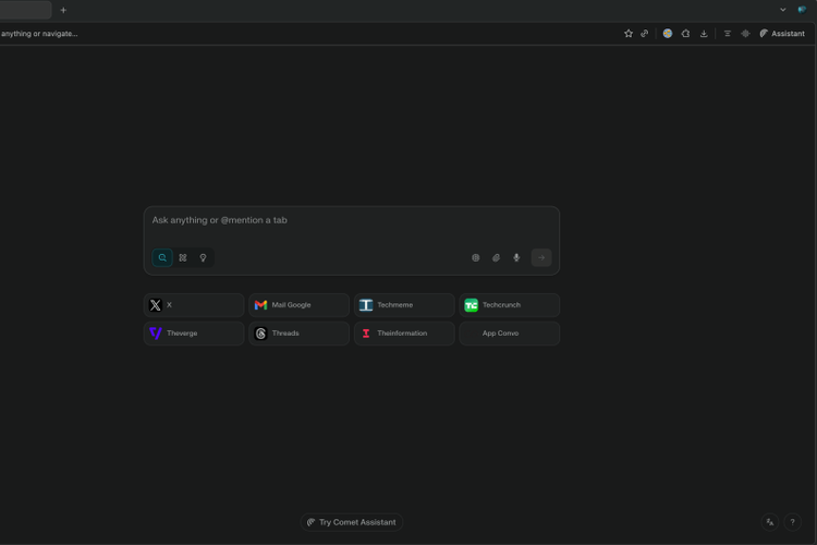 Tampilan utama browser internet Comet.