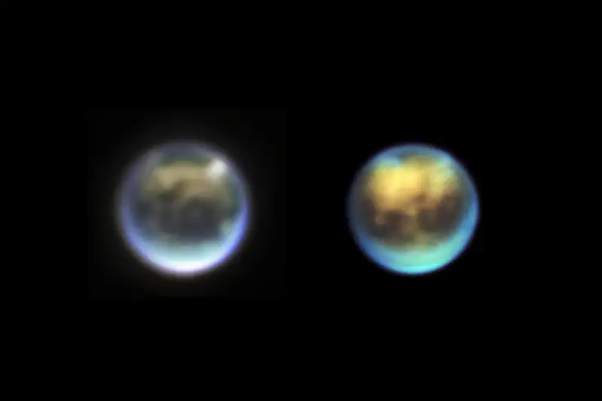 Awan di Titan seperti yang dipotret oleh JWST (kiri) dan Keck (kanan)



