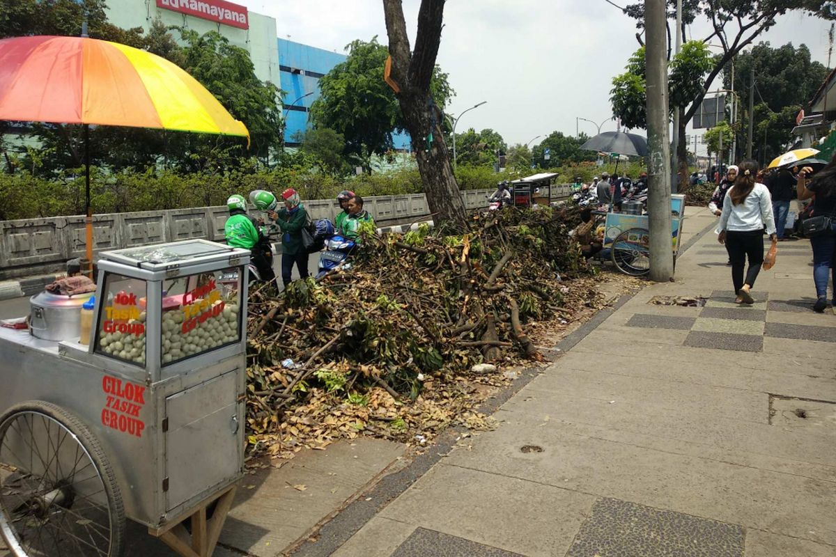 Sampah dahan pohon sisa pemangkasan dibiarkan di trotoar depan Stasiun Pasar Minggu, Jumat (10/11/2017).