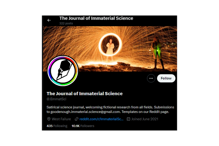 Tangkapan layar bio akun Twitter The Journal of Immaterial Science