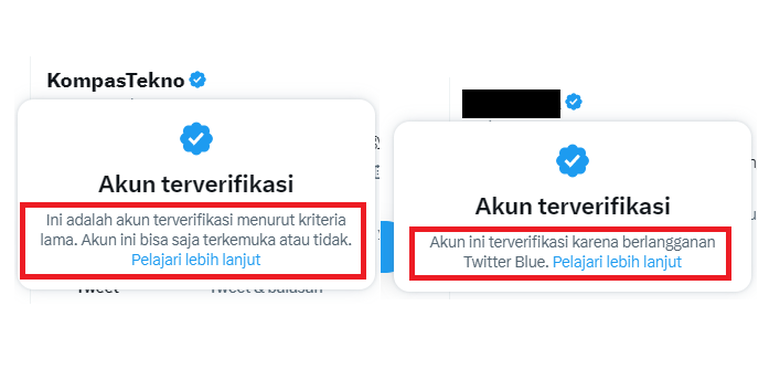 Perbedaan akun centang biru berbayar milik pelanggan Twitter Blue (kanan) dan akun KompasTekno yang memang sudah lama terverifikasi dan masih mendapat lencana biru (kiri).