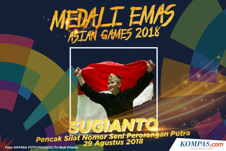 Pesilat Indonesia Sugianto  meraih medali emas dalam babak final pencak silat nomor seni tunggal putra  Asian Games 2018 di Padepokan Pencak Silat Taman Mini Indonesia Indah (TMII), Jakarta, Rabu (29/8)