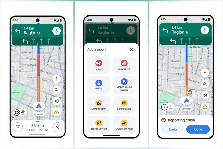 Ilustrasi fitur lapor kecelakaan di Google Maps.