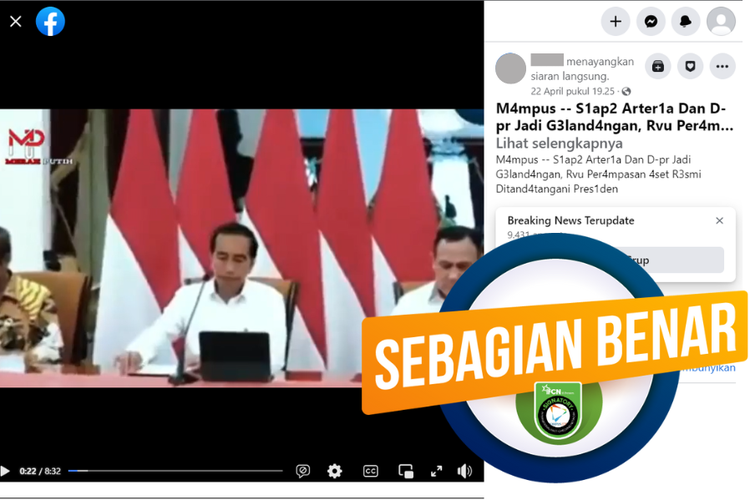 Tangkapan layar unggahan dengan narasi sebagian benar di sebuah akun Facebook,  Sabtu (22/4/2023), yang menyebut bahwa presiden telah resmi menandatangani RUU Perampasan Aset.