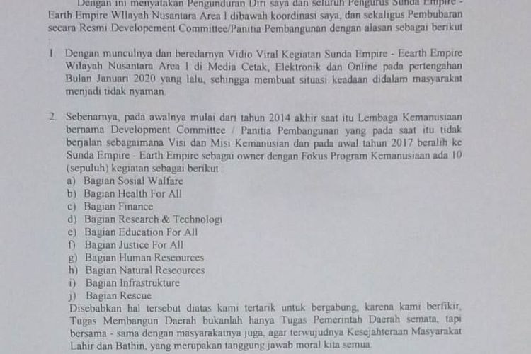 Surat pengunduran diri Ismail sebagai Koordinator Sunda Empire Aceh, sekaligus pembubaran organisasi Sunda Empire di Aceh.