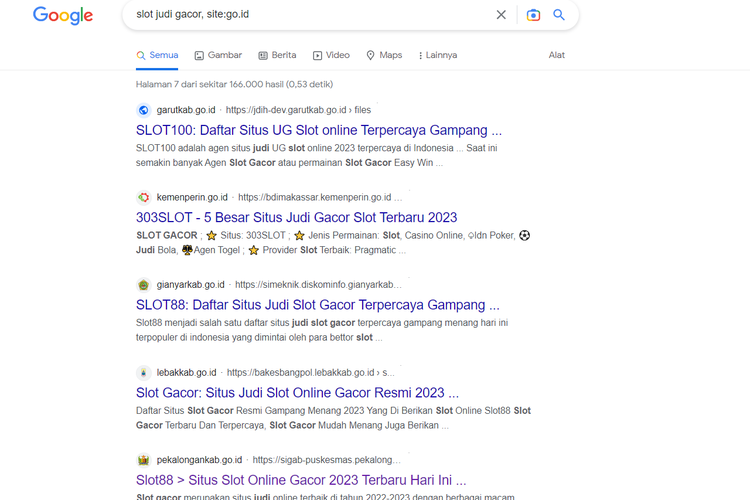 Hasil percobaan pencarian Kompas.com untuk mengetahui situs pemerintah iklankan judi