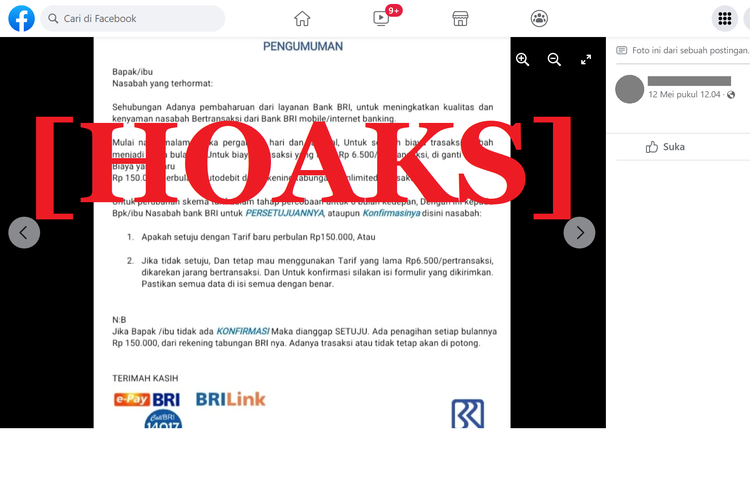 Tangkapan layar unggahan hoaks di sebuah akun Facebook, soal surat dan tautan yang menginformasikan perubahan biaya transaksi BRI menjadi Rp 150.000.