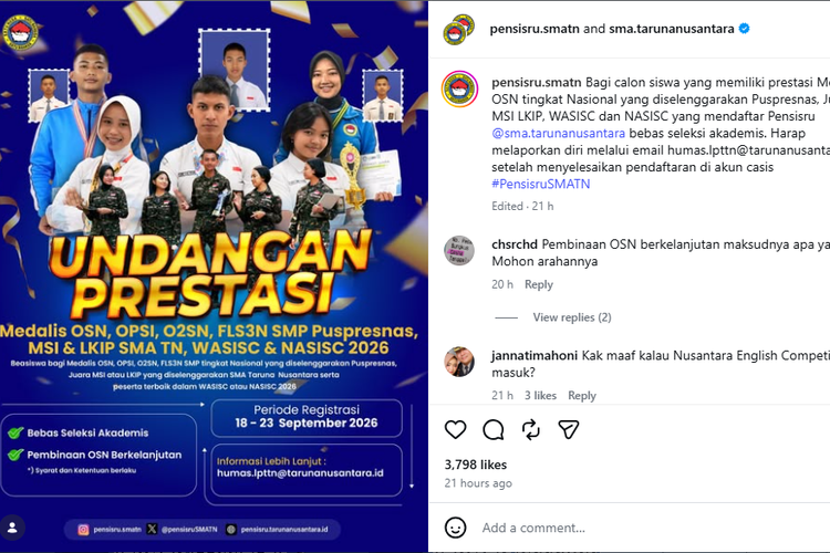 Syarat Daftar Jalur Undangan Prestasi SMA Taruna Nusantara 2027, Bisa Sekolah Gratis