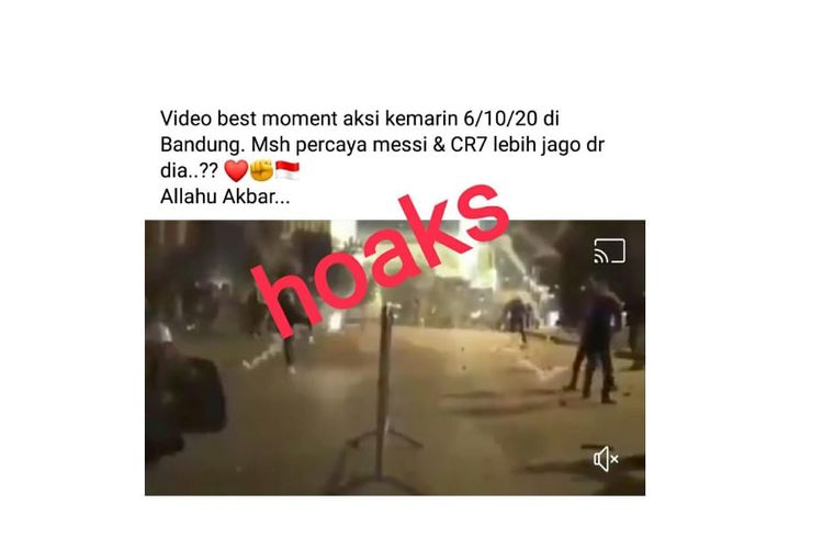 Tangkapan layar video yang diklaim sebagai video aksi di Bandung 6 Oktober 2020. 