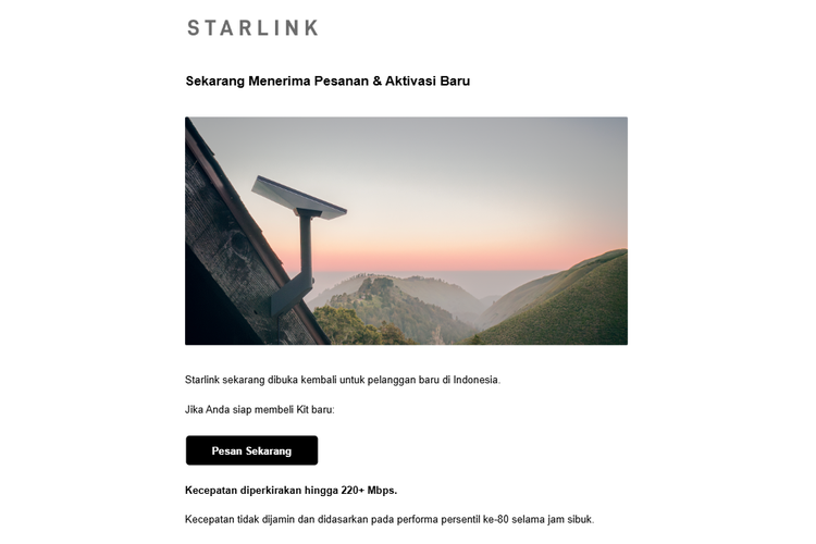 Isi e-mail dari Starlink tentang ketersediaannya di Indonesia.