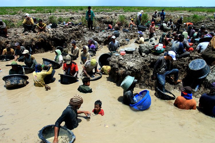 Ratusan warga mencari emas yang diduga peninggalan masa kerajaan Sriwijaya di kanal PT Samora Jaya Usaha di Desa Pelimbangan, Kecamatan Cengal, Kabupaten Ogan Komering Ilir (OKI), Sumatera Selatan.