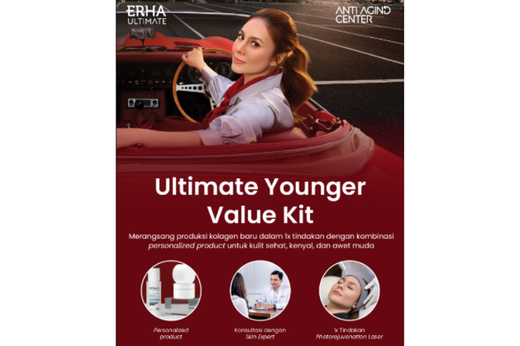 Salah satu paket perawatan yang ditawarkan Anti Aging Center dari Erha Ultimate, yakni Ultimate Younger Value Kit menggunakan teknologi Photorejuvenation Laser guna mengatasi tanda-tanda penuaan. 