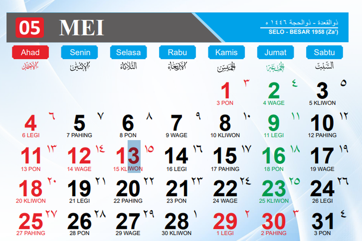 Kalender Mei 2025. Simak kalender Jawa Jumat, 30 Mei 2025 lengkap dengan weton dan penanggalan Hijriah.