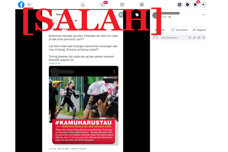 Tangkapan layar informasi keliru di sebuah akun Facebook, pada 1 April 2022, mengenai Kemenkeu melelang barang pembalap MotoGP milik penonton.