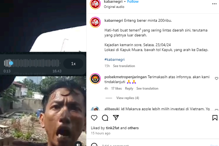 Viral aksi pemalakan kendaraan luar daerah di Kapuk Muara Jakarta Utara, tepatnya di bawah Tol Kapuk arah Dadap, Selasa (23/4/2024).
