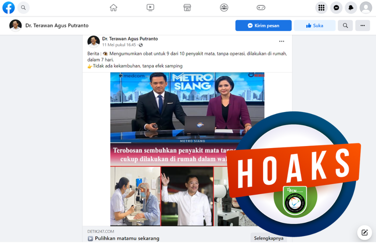 Tangkapan layar unggahan dengan narasi hoaks di sebuah akun Facebook, Kamis (11/5/2023), soal akun Facebook mengatasnamakan Terawan menawarkan pengobatan mata tanpa operasi.