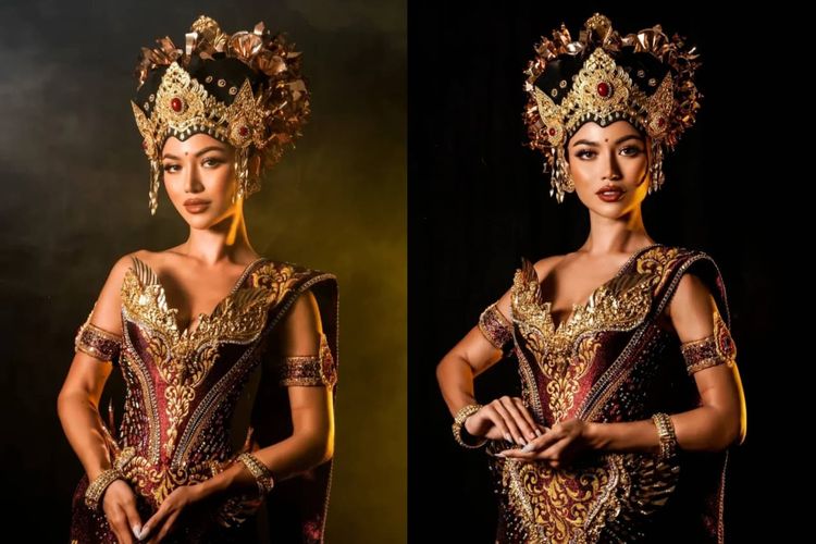 Miss Universe Indonesia 2025, Sanly Liu, menggunakan kostum Bali Yadnya - The Eternal Offering of Devotion karya desainer asal Bali bernama  I Nyoman Inggi Kendran, dalam ajang National Costume Miss Universe 2025.