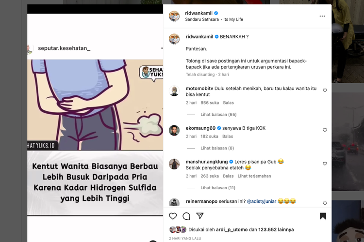 Tangkapan layar unggahan Gubernur Jawa Barat Ridwan Kamil soal kentut wanita disebut lebih bau daripada pria. 