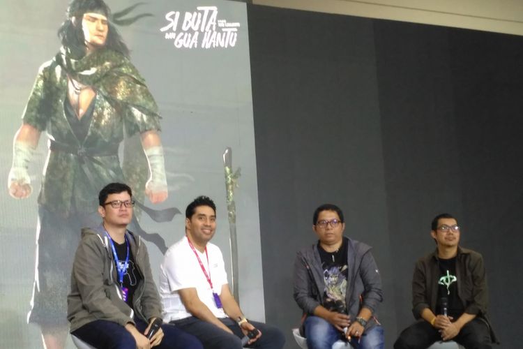 (dari kiri) Timo Tjahjanto, Wiki Olindo, Iwan Nazif dan tim penulis skenario Si Buta Dari Gua Hantu di Indonesia Comic Con 2018 di JCC, Senayan, Jakarta Pusat, Sabtu (27/10/2018).