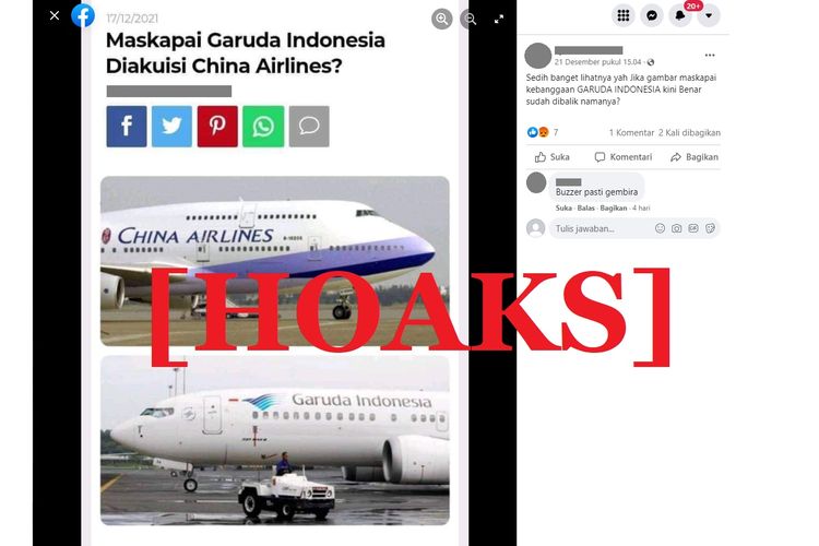 Tangkapan layar unggahan hoaks di sebuah akun Facebook, yang menyebut Garuda Indonesia berganti nama menjadi China Airlines.
