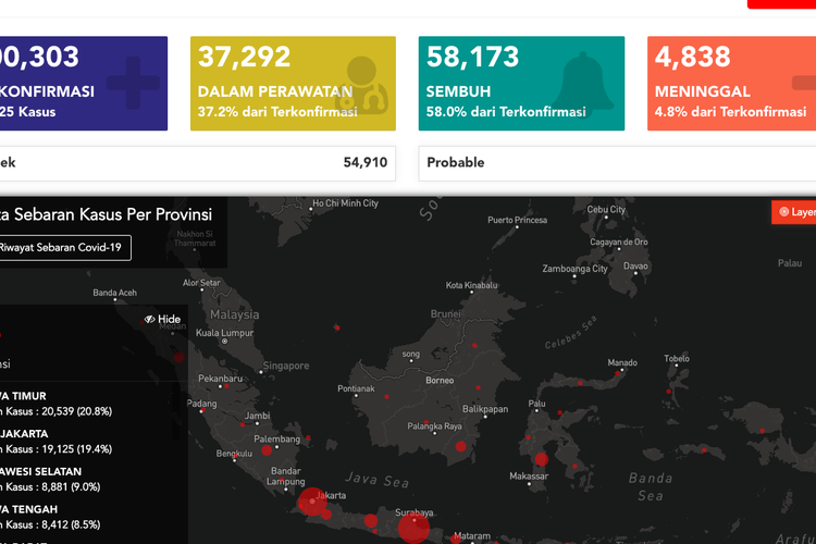 Tangkapan layar kasus corona di Indonesia lewati 100.000 kasus