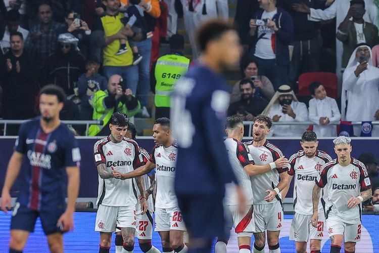 Momen perayaan gol Jorginho dalam partai final Piala Interkontinental 2025 PSG vs Flamengo di Stadion Ahmad bin Ali, Al Rayyan, Doha, Qatar, 17 Desember 2025.