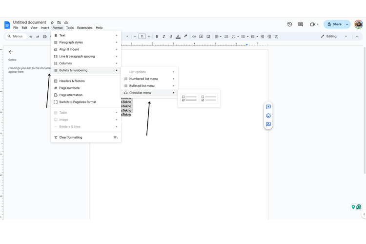 Ilustrasi cara buat ceklis di Google Docs