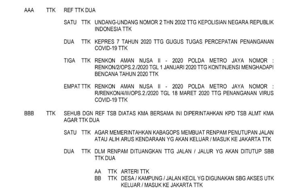 Beredar sebuah surat telegram nomor STR/414/III/OPS.2./2020 yang memerintahkan Kapolres di wilayah hukum Polda Metro Jaya untuk membuat rekayasa penutupan arus lalu lintas dari dan menuju Jakarta selama masa karantina wilayah atau lockdown. 