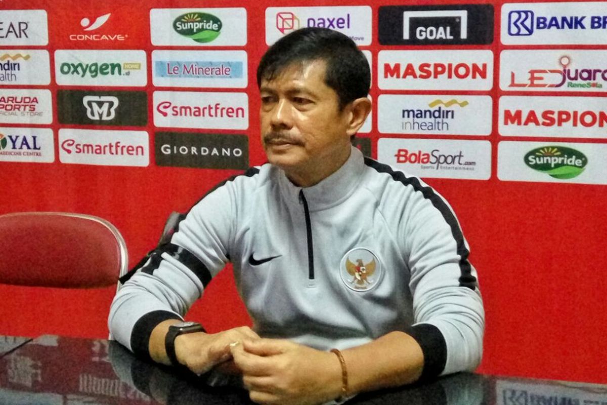Pelatih Timnas Indonesia U23 Indra Sjafri saat jumpa pers seusai laga melawan PSIM Yogyakarta di Stadion Sultan Agung Bantul