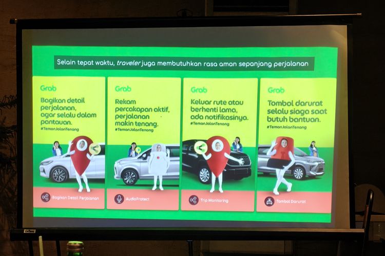 Ilustrasi fitur keamanan Grab untuk para penumpang, termask AudioProtect, dipamerkan di sebuah acara di Bali pada Sabtu (20/12/2025).