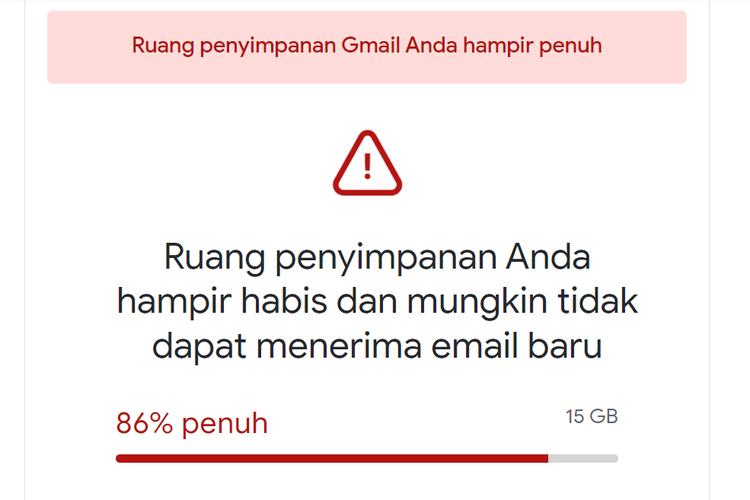 muncul peringatan ruang penyimpanan gmail hampir penuh