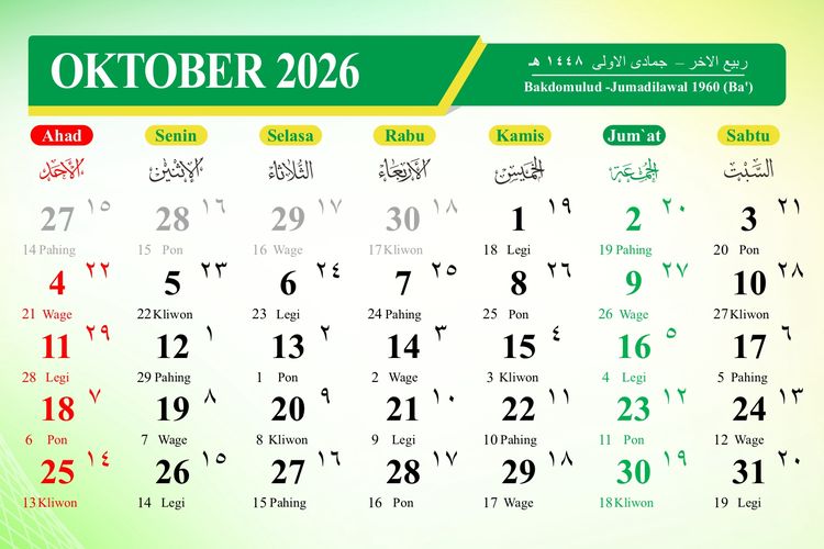 Kalender Oktober 2026: Tanggal Merah dan Peringatan Hari Besar