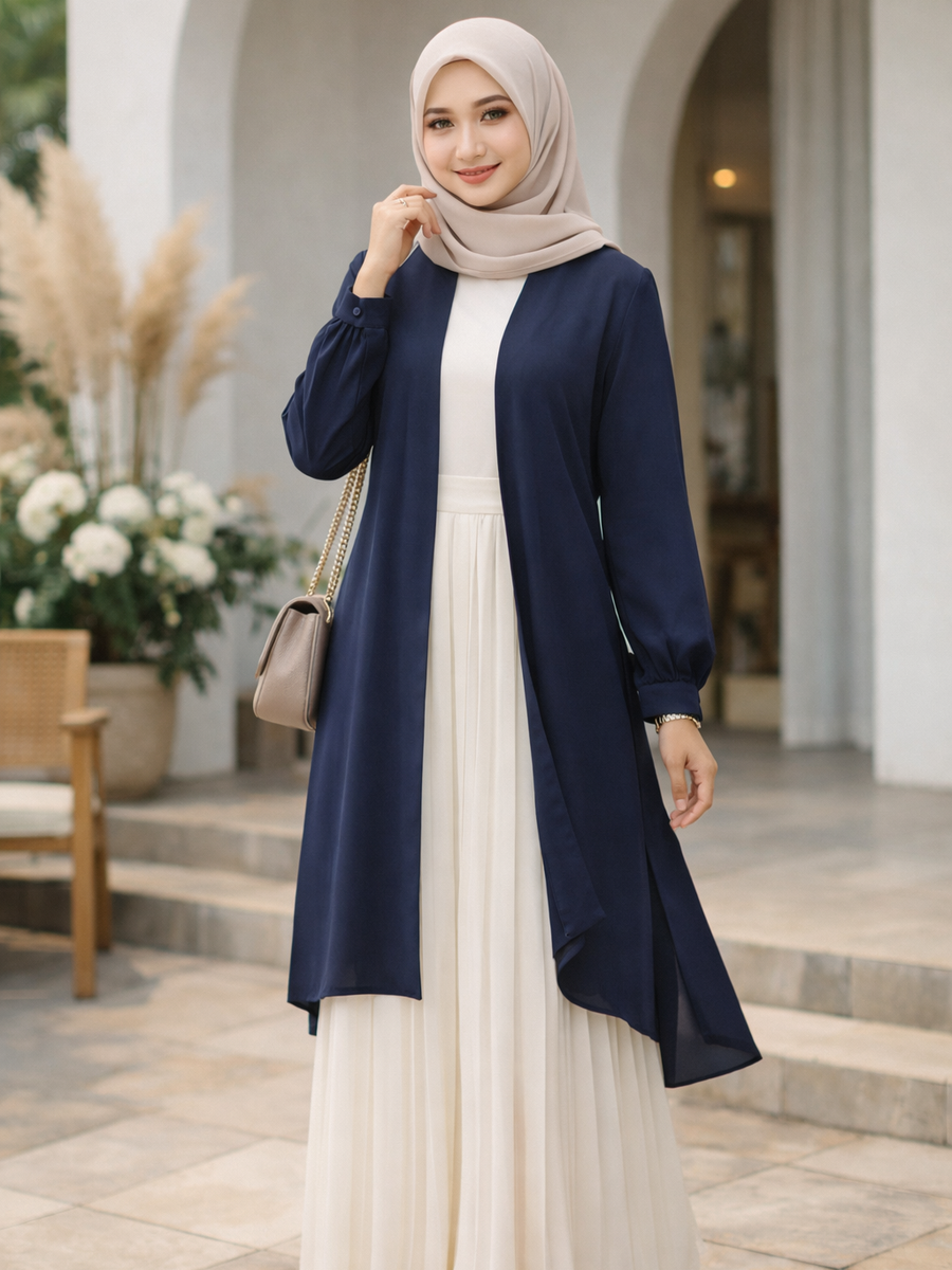 Tunik Navy & Rok Plisket yang Rapi dan Stylish.
