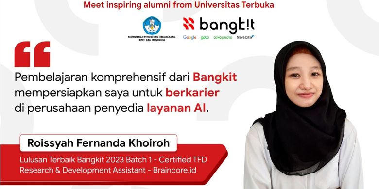 Roissyah Fernanda Khoiroh (24) atau yang akrab dipanggil Nanda adalah salah satu lulusan terbaik dari Program Kampus Merdeka Bangkit By Google, GoTo, Traveloka Batch I di Program Studi (Prodi) Statistika Fakultas Sains dan Teknologi (FST) Universitas Terbuka (UT).
