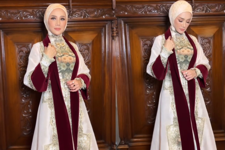 Mulan Jameela tampil elegan dan mewah di siraman Al Ghazali dan Alyssa Daguise. Kaftan yang dikenakan Mulan berhiaskan beludru marun.