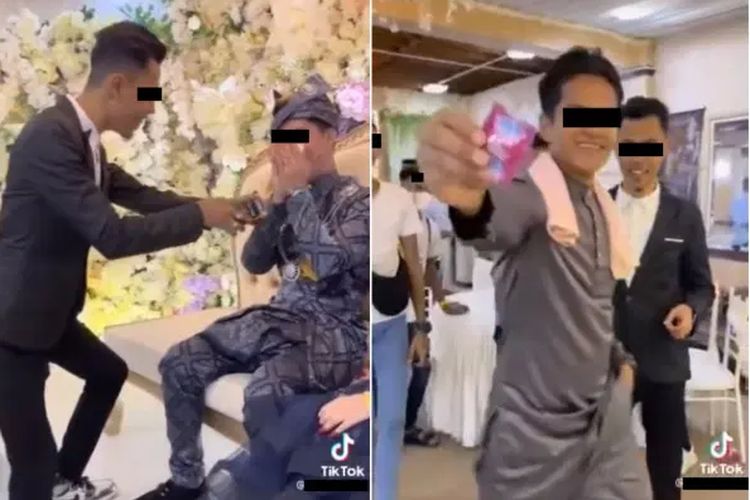 Tangkapan layar sekelompok anak muda yang memberi hadiah kondom tanpa bungkus kado kepada pengantin pria saat resepsi pernikahan di Kelantan, Malaysia.